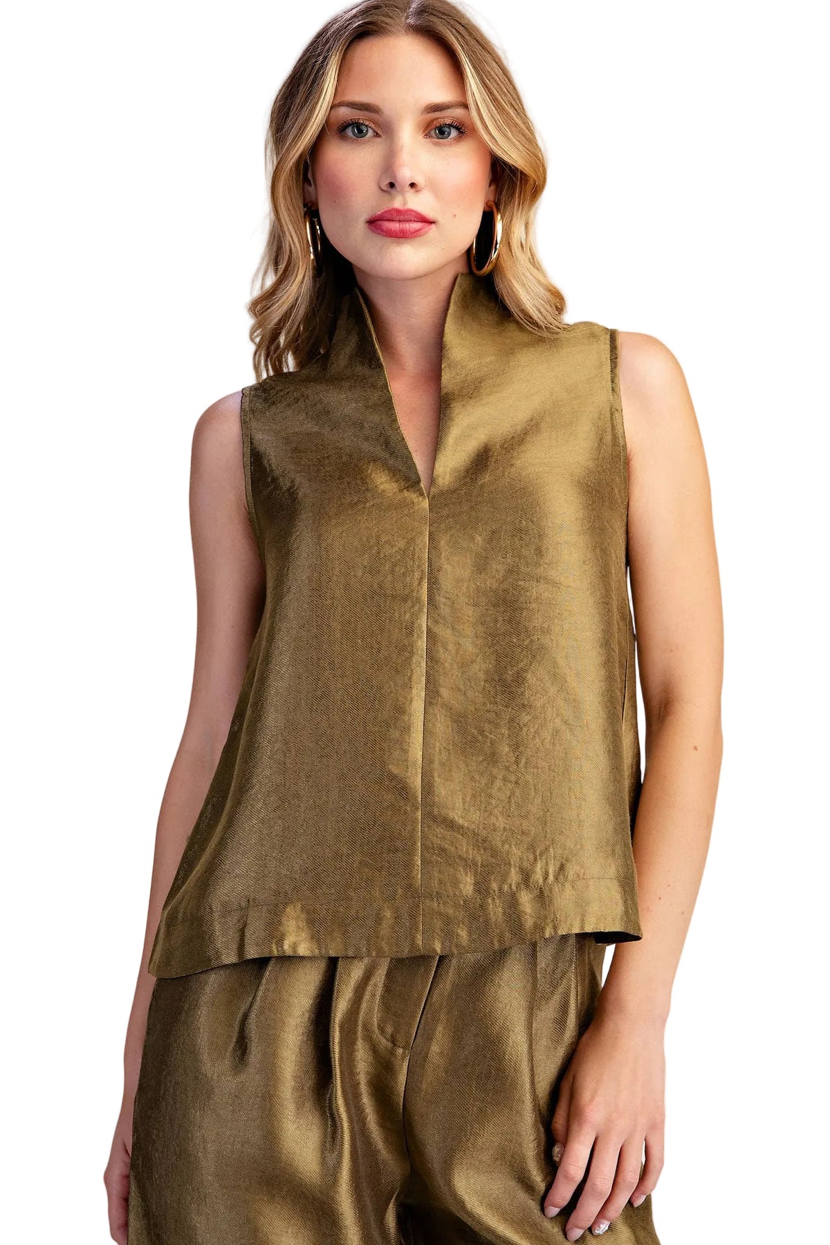 Stand Collar Metallic Sheen Top