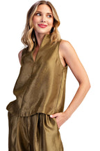 Stand Collar Metallic Sheen Top