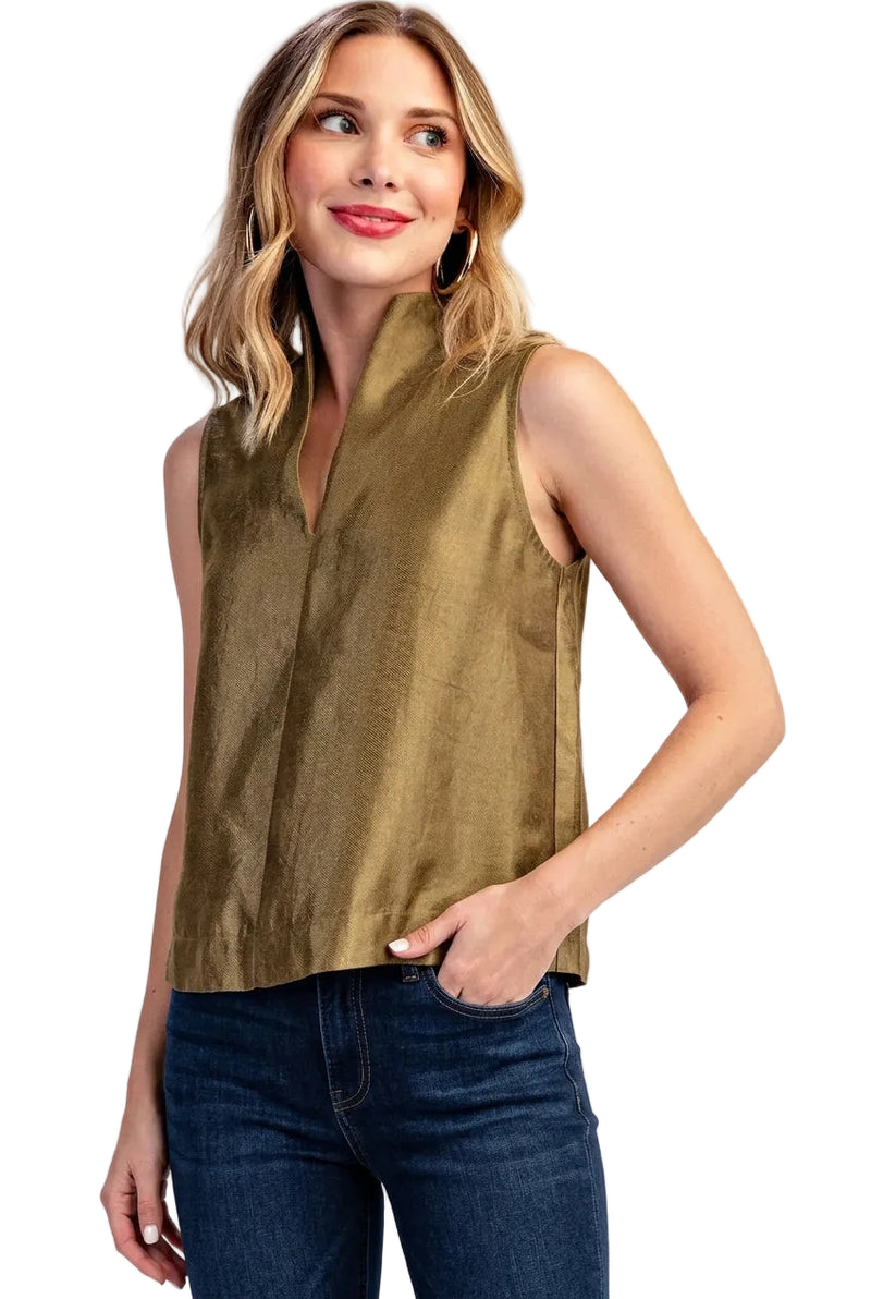 Stand Collar Metallic Sheen Top